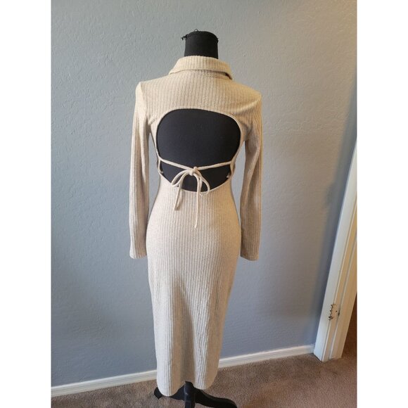Astr Bransbury Knit Dress - Tan Ribbed Buttoned Long Sleeve Dress Size S Wedding - Picture 8 of 14